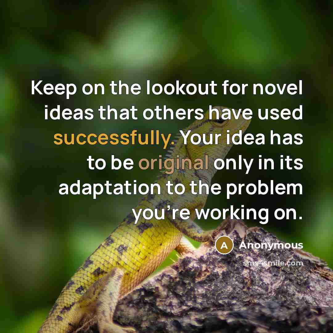“Keep on the lookout for novel ideas that others have used successfully. Your idea has to be original only in its adaptation to the problem you're working on.” quote by Anonymous