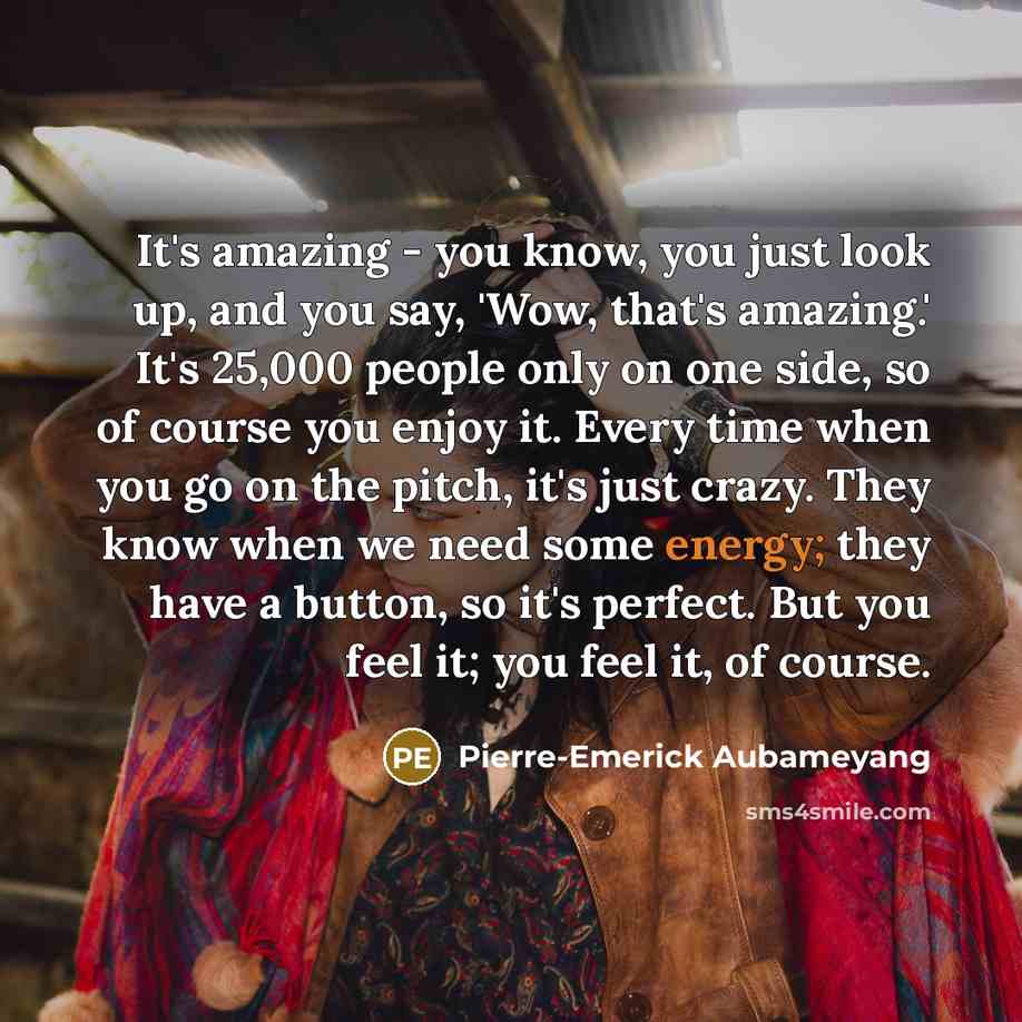 “It's amazing - you know, you just look up, and you say, 'Wow, that's amazing.' It's 25,000 people only on one side, so of course you enjoy it. Every time when you go on the pitch, it's just crazy. They know when we need some energy; they have a button, so it's perfect. But you feel it; you feel…” quote by Pierre-Emerick Aubameyang