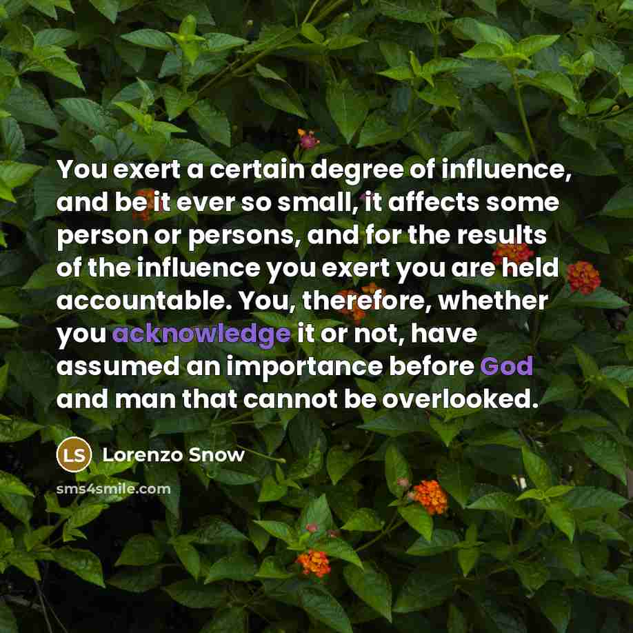 “You exert a certain degree of influence, and be it ever so small, it affects some person or persons, and for the results of the influence you exert you are held accountable. You, therefore, whether you acknowledge it or not, have assumed an importance before God and man that cannot be overlooked.” quote by Lorenzo Snow