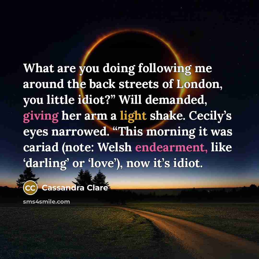 “What are you doing following me around the back streets of London, you little idiot?” Will demanded, giving her arm a light shake. Cecily’s eyes narrowed. “This morning it was cariad (note: Welsh endearment, like ‘darling’ or ‘love’), now it’s idiot.” quote by Cassandra Clare