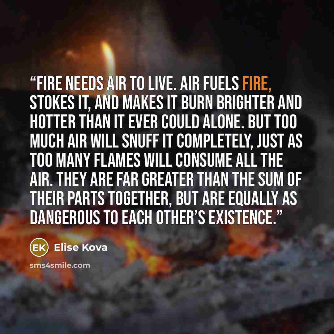 “Fire needs air to live. Air fuels fire, stokes it, and makes it burn brighter and hotter than it ever could alone. But too much air will snuff it completely, just as too many flames will consume all the air. They are far greater than the sum of their parts together, but are equally as dangerous to…” quote by Elise Kova