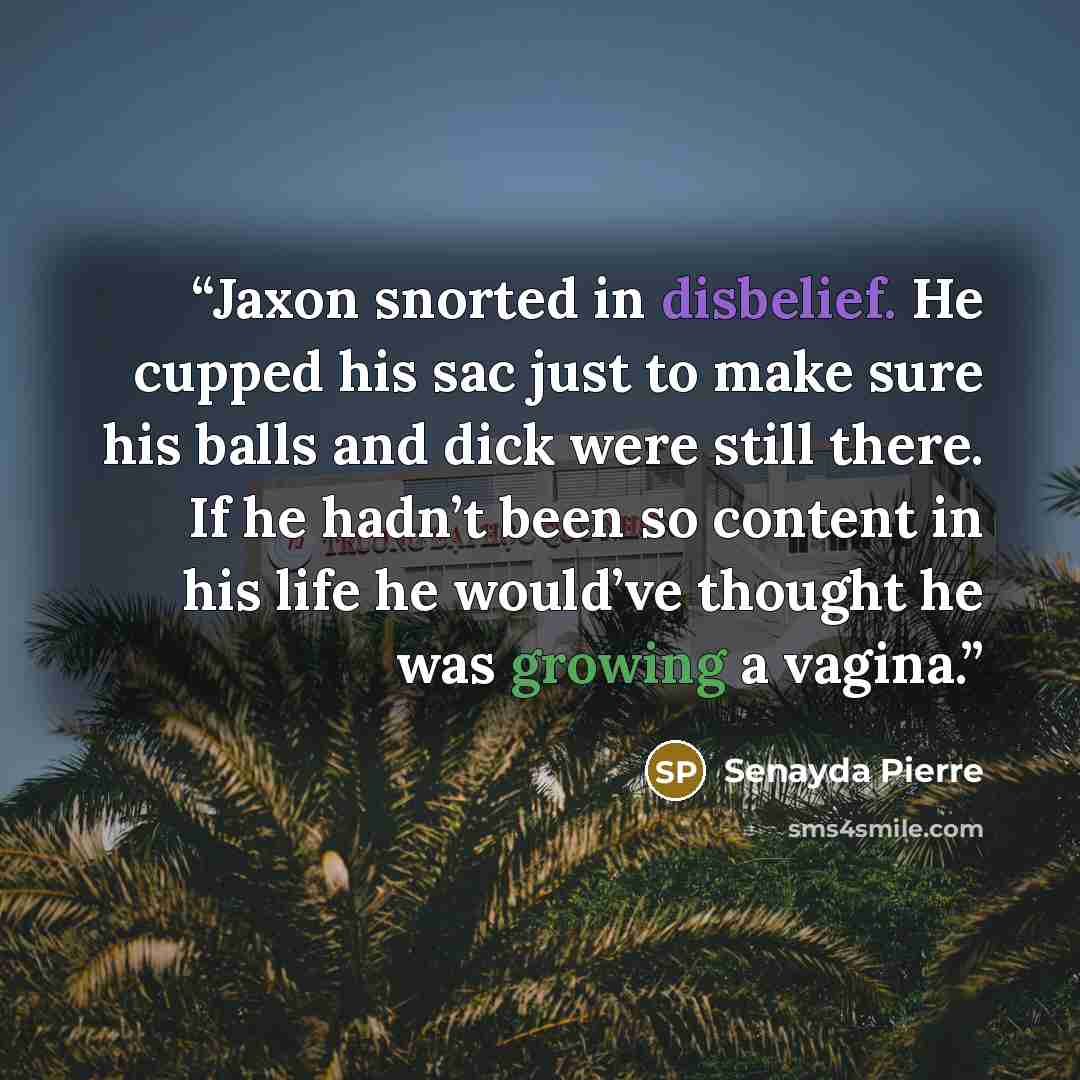 “Jaxon snorted in disbelief. He cupped his sac just to make sure his balls and dick were still there. If he hadn’t been so content in his life he would’ve thought he was growing a vagina.” quote by Senayda Pierre