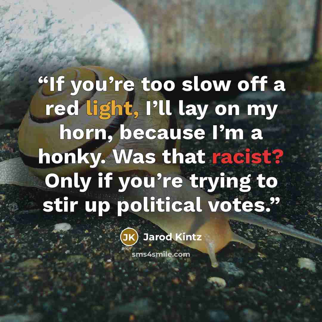 “If you’re too slow off a red light, I’ll lay on my horn, because I’m a honky. Was that racist? Only if you’re trying to stir up political votes.” quote by Jarod Kintz