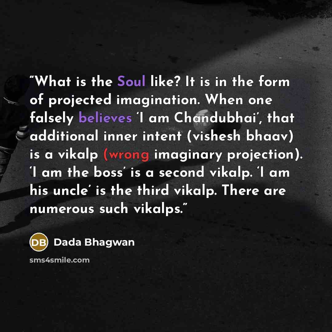 “What is the Soul like? It is in the form of projected imagination. When one falsely believes ‘I am Chandubhai’, that additional inner intent (vishesh bhaav) is a vikalp (wrong imaginary projection). ‘I am the boss’ is a second vikalp. ‘I am his uncle’ is the third vikalp. There are numerous such…” quote by Dada Bhagwan
