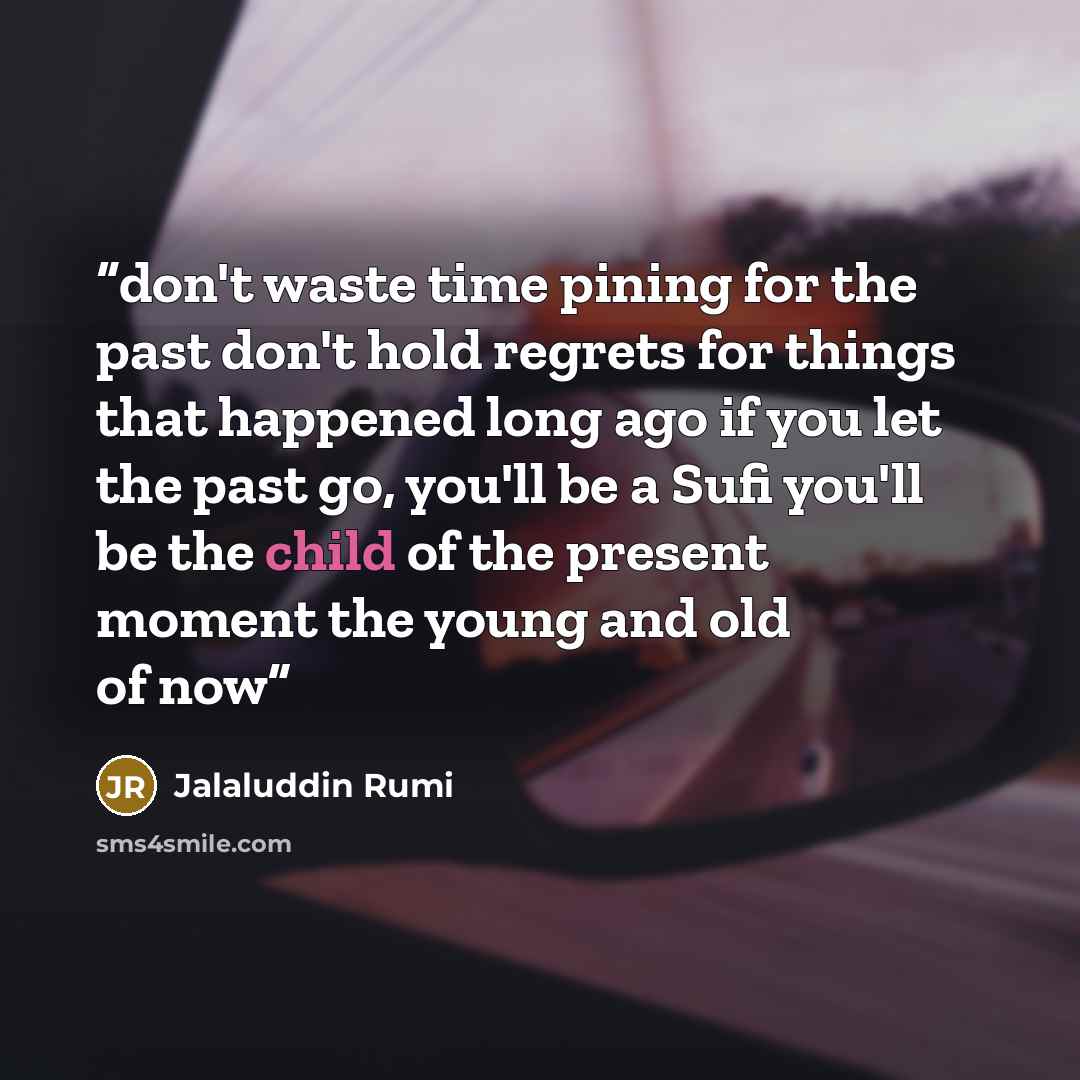 “don't waste time pining for the past don't hold regrets for things that happened long ago if you let the past go, you'll be a Sufi you'll be the child of the present moment the young and old of now” quote by Jalaluddin Rumi