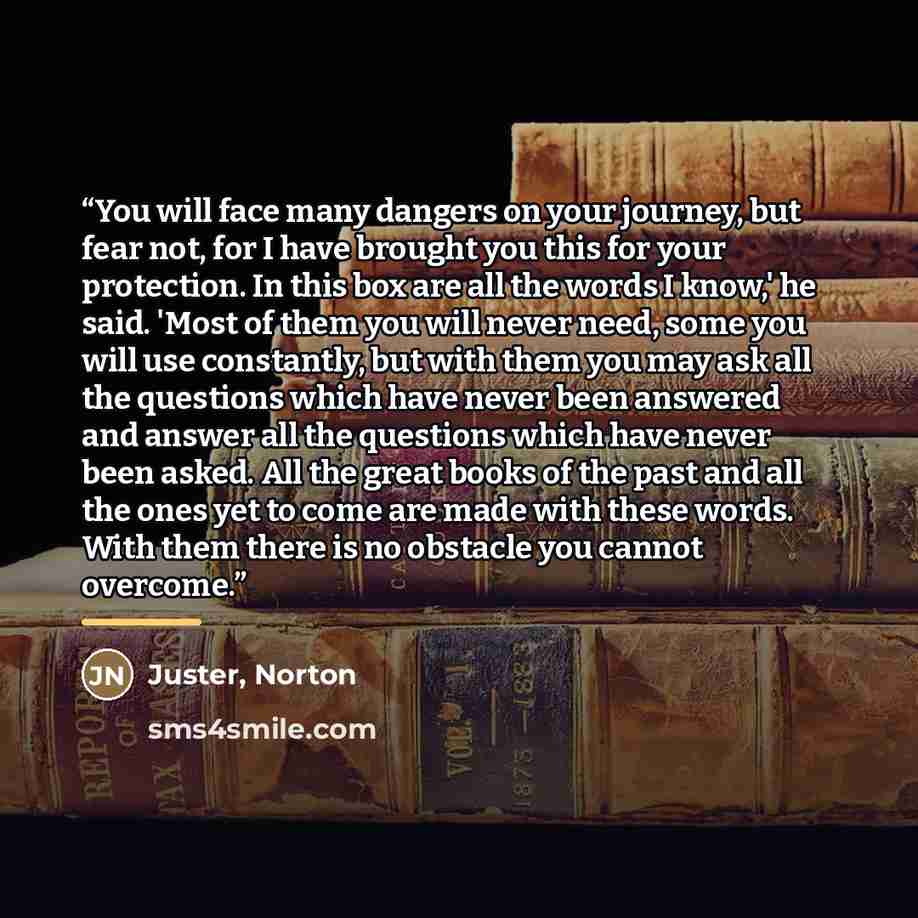 “You will face many dangers on your journey, but fear not, for I have brought you this for your protection. In this box are all the words I know,' he said. 'Most of them you will never need, some you will use constantly, but with them you may ask all the questions which have never been answered and…” quote by Anonymous