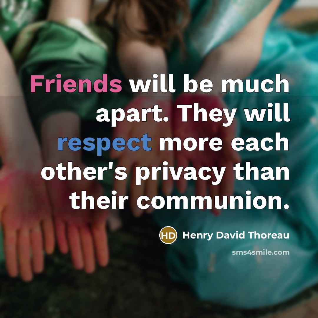 “Friends will be much apart. They will respect more each other's privacy than their communion.” quote by Henry David Thoreau