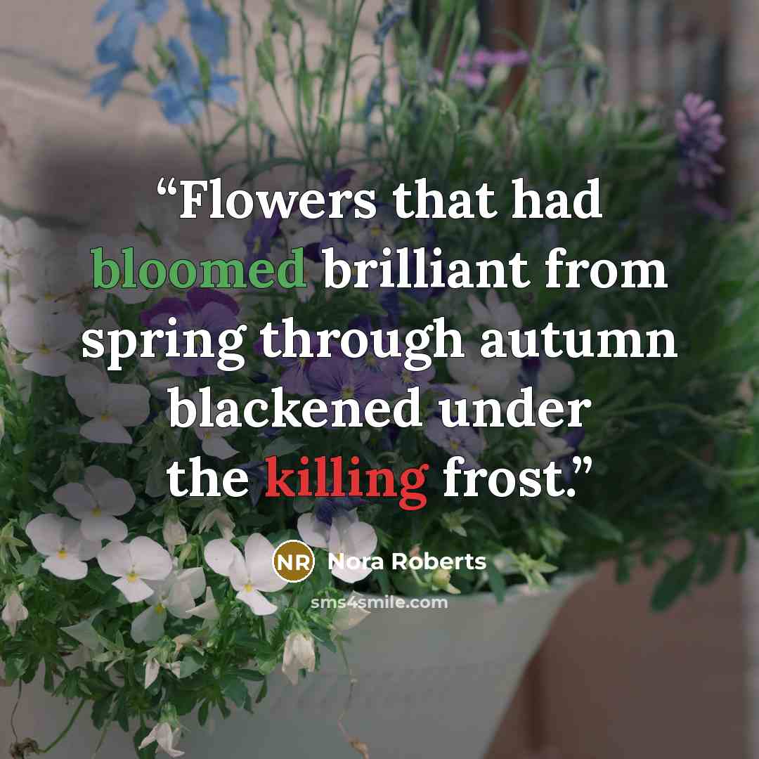 “Flowers that had bloomed brilliant from spring through autumn blackened under the killing frost.” quote by Nora Roberts