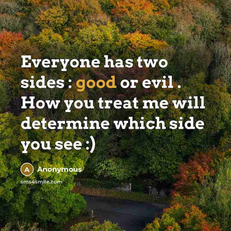 “Everyone has two sides : good or evil . How you treat me will determine which side you see :)” quote by Anonymous