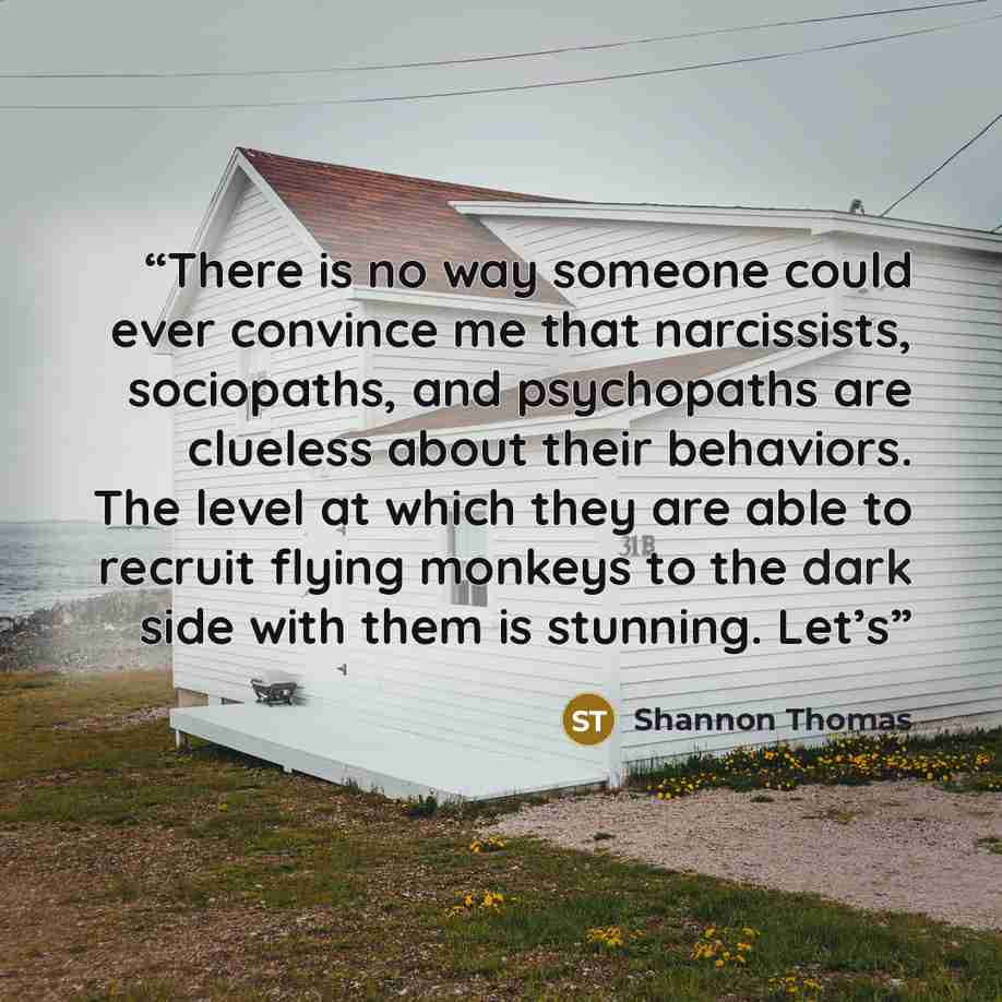 “There is no way someone could ever convince me that narcissists, sociopaths, and psychopaths are clueless about their behaviors. The level at which they are able to recruit flying monkeys to the dark side with them is stunning. Let’s” quote by Shannon Thomas