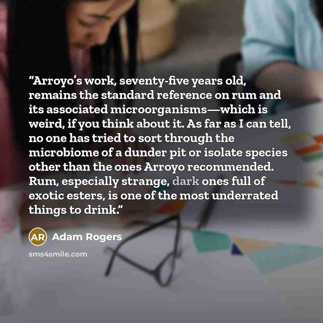 “Arroyo’s work, seventy-five years old, remains the standard reference on rum and its associated microorganisms—which is weird, if you think about it. As far as I can tell, no one has tried to sort through the microbiome of a dunder pit or isolate species other than the ones Arroyo recommended…” quote by Adam Rogers