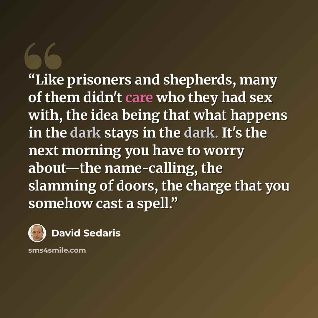 “Like prisoners and shepherds, many of them didn't care who they had sex with, the idea being that what happens in the dark stays in the dark. It's the next morning you have to worry about—the name-calling, the slamming of doors, the charge that you somehow cast a spell.” quote by David Sedaris