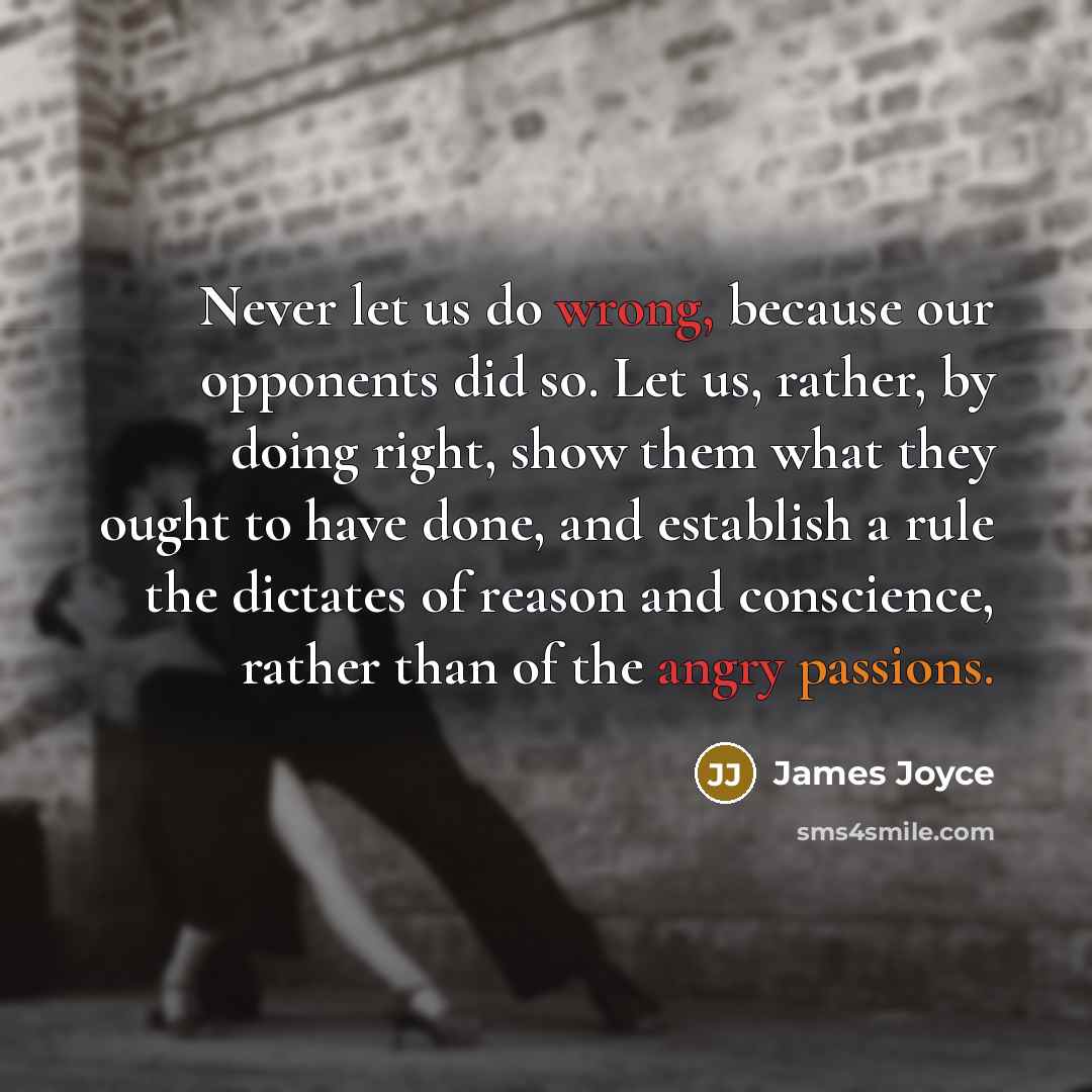 “Never let us do wrong, because our opponents did so. Let us, rather, by doing right, show them what they ought to have done, and establish a rule the dictates of reason and conscience, rather than of the angry passions.” quote by James Joyce