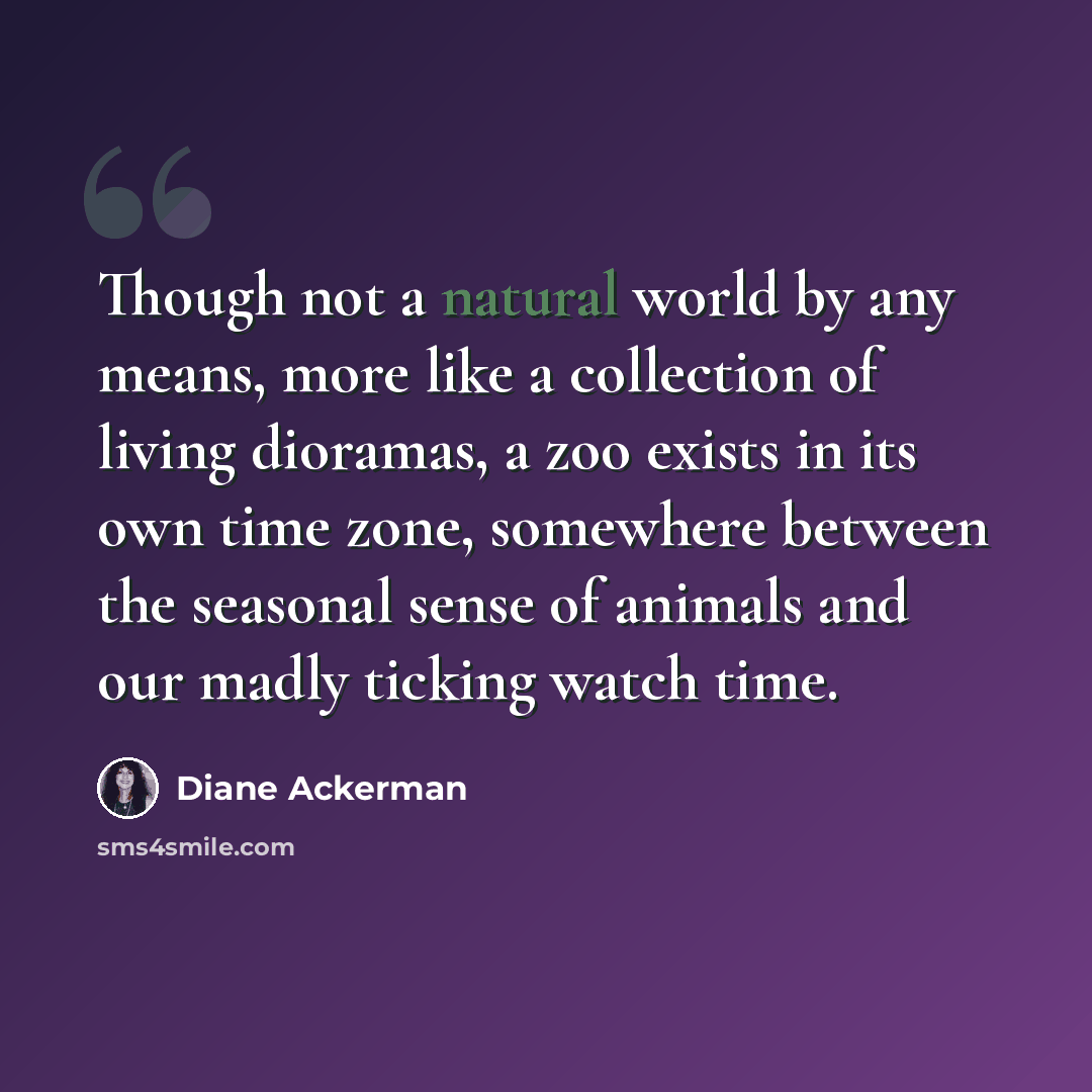 “Though not a natural world by any means, more like a collection of living dioramas, a zoo exists in its own time zone, somewhere between the seasonal sense of animals and our madly ticking watch time.” quote by Diane Ackerman