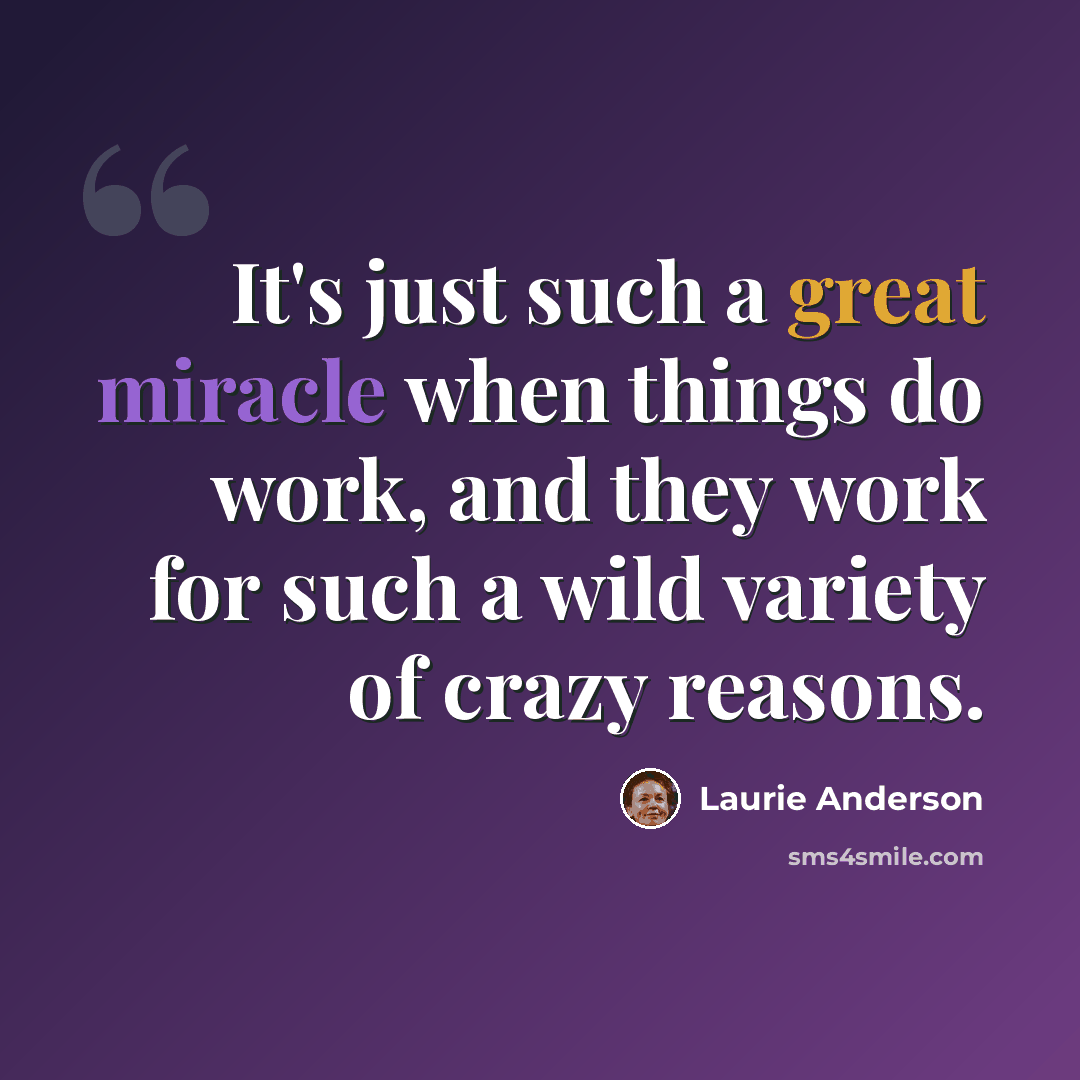 “It's just such a great miracle when things do work, and they work for such a wild variety of crazy reasons.” quote by Laurie Anderson