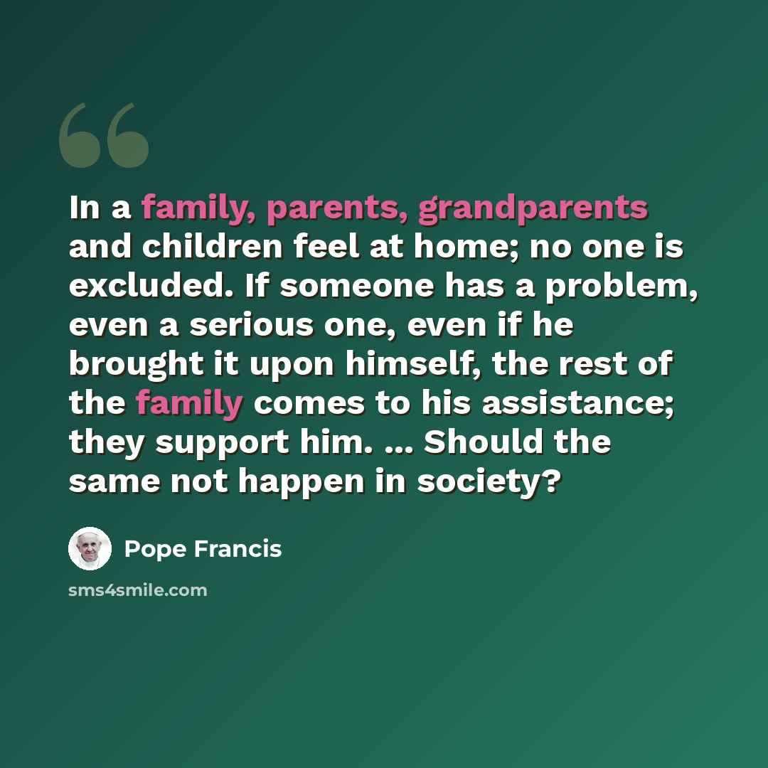 “In a family, parents, grandparents and children feel at home; no one is excluded. If someone has a problem, even a serious one, even if he brought it upon himself, the rest of the family comes to his assistance; they support him. ... Should the same not happen in society?” quote by Pope Francis