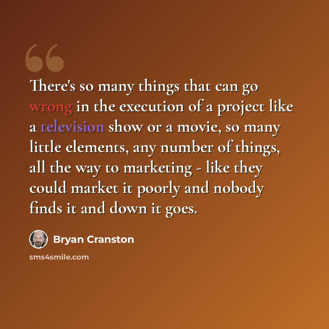 “There's so many things that can go wrong in the execution of a project like a television show or a movie, so many little elements, any number of things, all the way to marketing - like they could market it poorly and nobody finds it and down it goes.” quote by Bryan Cranston