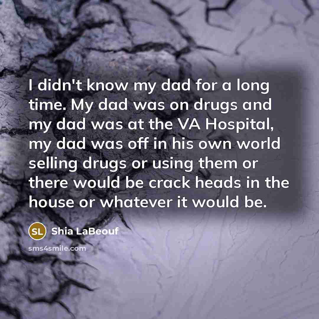 “I didn't know my dad for a long time. My dad was on drugs and my dad was at the VA Hospital, my dad was off in his own world selling drugs or using them or there would be crack heads in the house or whatever it would be.” quote by Shia LaBeouf