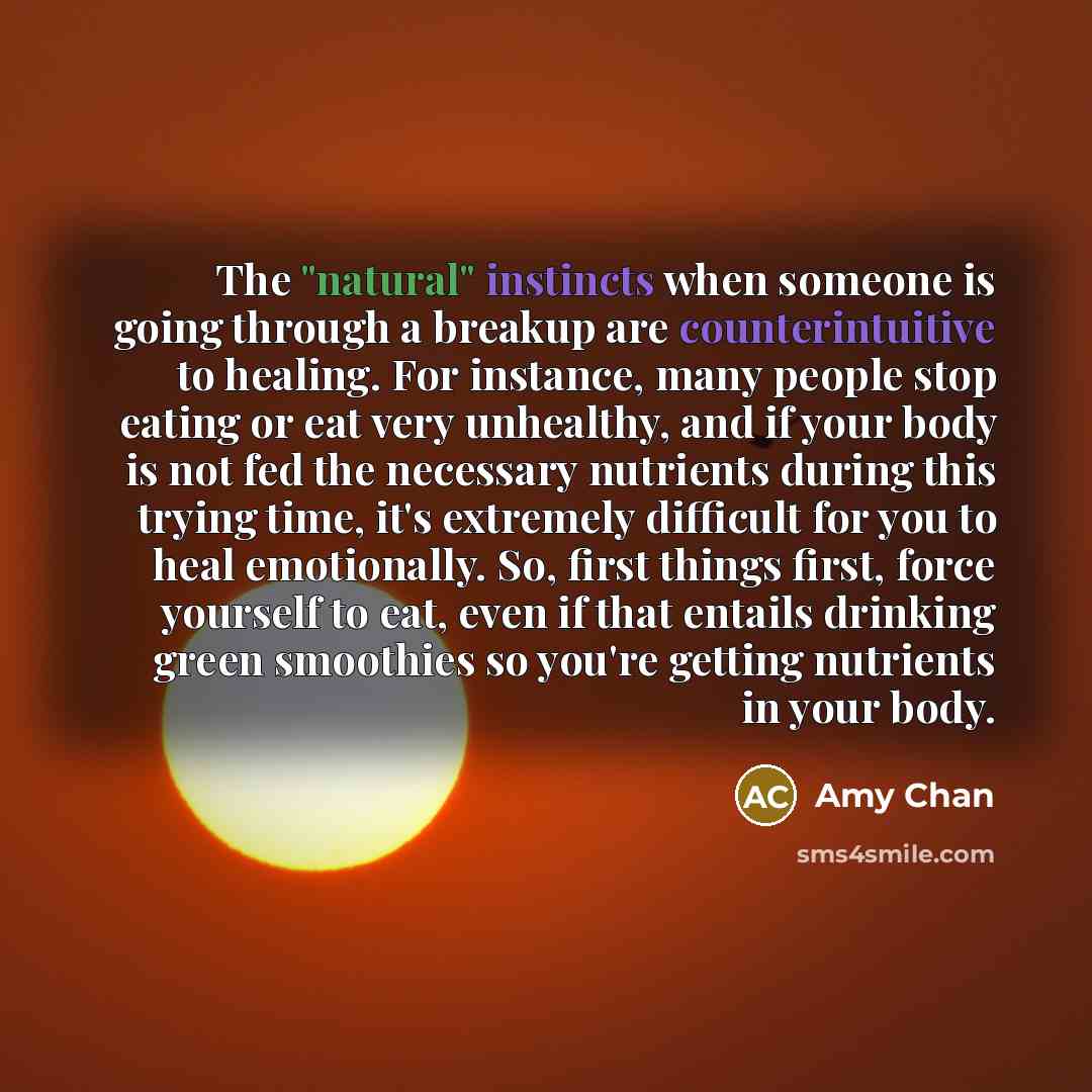 “The "natural" instincts when someone is going through a breakup are counterintuitive to healing. For instance, many people stop eating or eat very unhealthy, and if your body is not fed the necessary nutrients during this trying time, it's extremely difficult for you to heal emotionally. So, first…” quote by Amy Chan