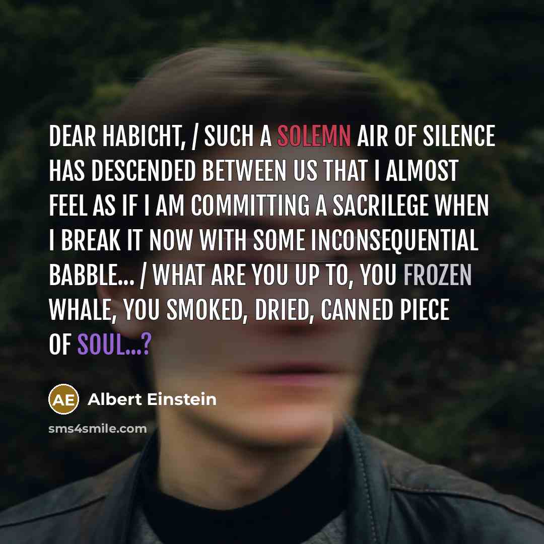 “Dear Habicht, / Such a solemn air of silence has descended between us that I almost feel as if I am committing a sacrilege when I break it now with some inconsequential babble... / What are you up to, you frozen whale, you smoked, dried, canned piece of soul...?” quote by Albert Einstein
