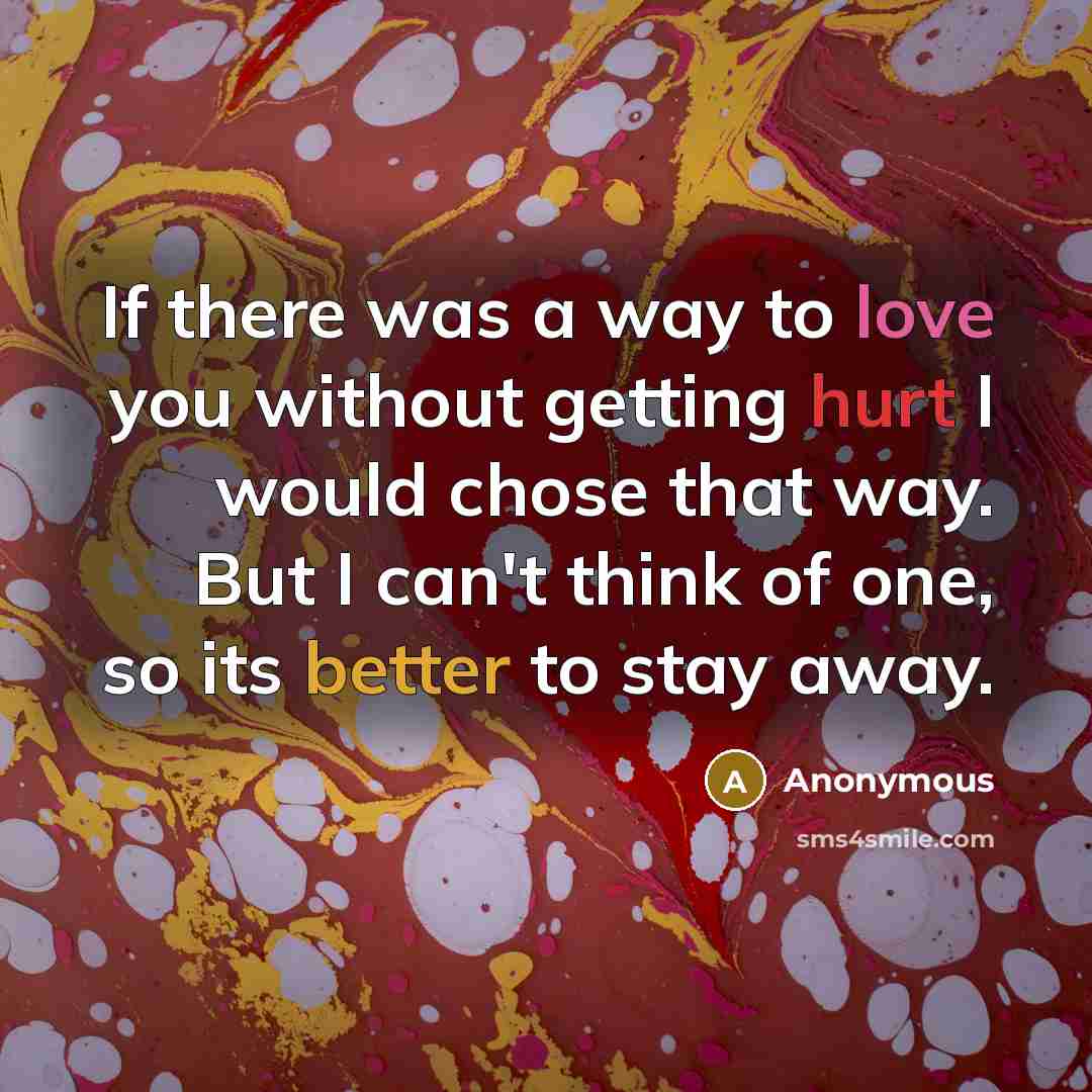 “If there was a way to love you without getting hurt I would chose that way. But I can't think of one, so its better to stay away.” quote by Anonymous