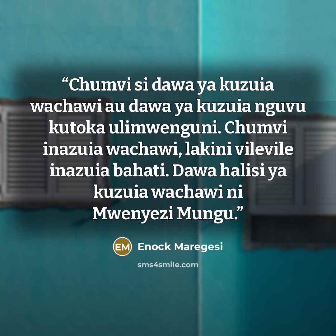 “Chumvi si dawa ya kuzuia wachawi au dawa ya kuzuia nguvu kutoka ulimwenguni. Chumvi inazuia wachawi, lakini vilevile inazuia bahati. Dawa halisi ya kuzuia wachawi ni Mwenyezi Mungu.” quote by Enock Maregesi