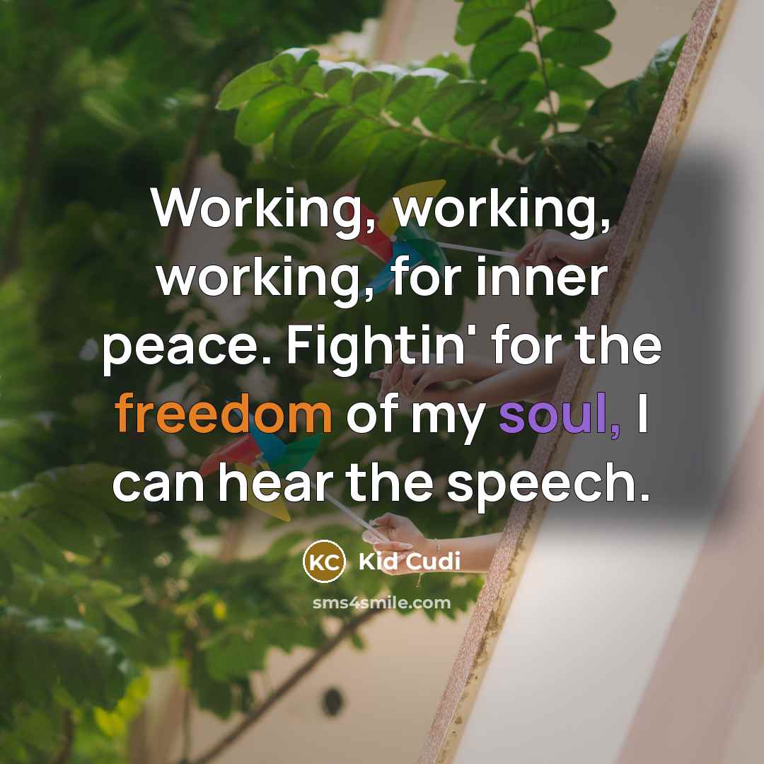 “Working, working, working, for inner peace. Fightin' for the freedom of my soul, I can hear the speech.” quote by Kid Cudi