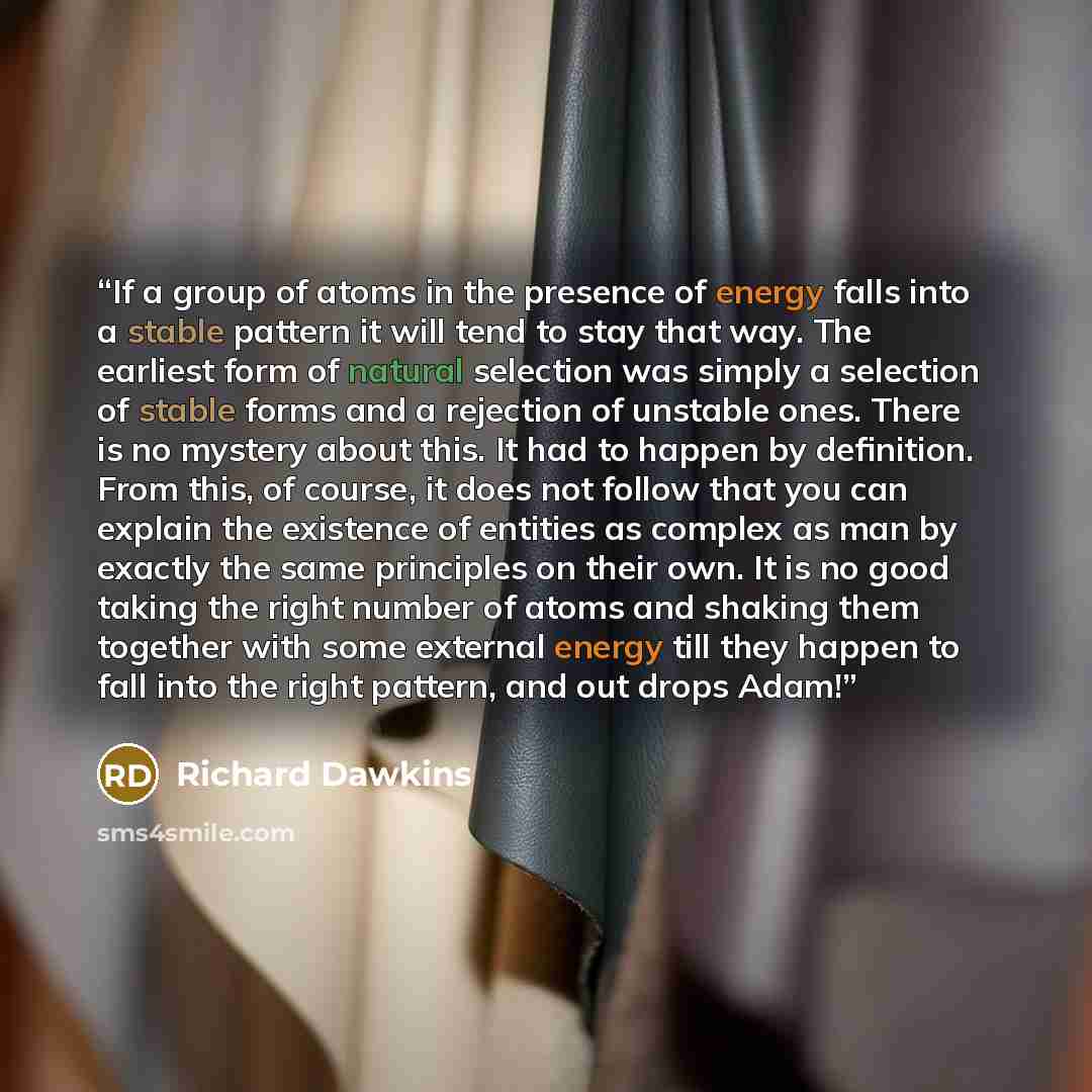“If a group of atoms in the presence of energy falls into a stable pattern it will tend to stay that way. The earliest form of natural selection was simply a selection of stable forms and a rejection of unstable ones. There is no mystery about this. It had to happen by definition. From this, of…” quote by Richard Dawkins