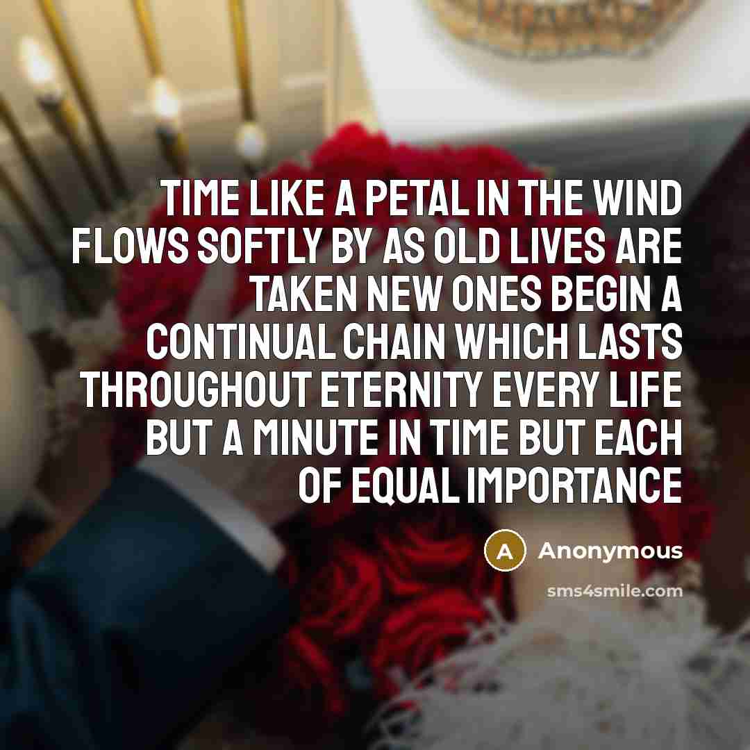 “Time Like a petal in the wind Flows softly by As old lives are taken New ones begin A continual chain Which lasts throughout eternity Every life but a minute in time But each of equal importance” quote by Anonymous