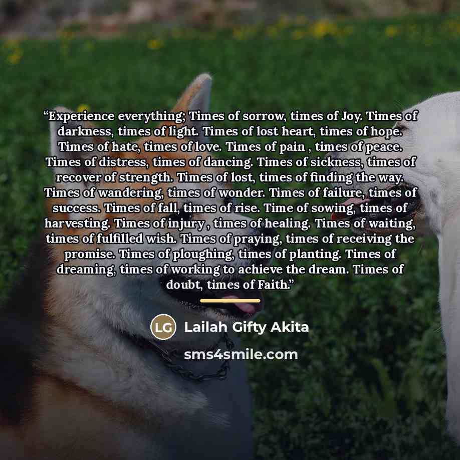 “Experience everything; Times of sorrow, times of Joy. Times of darkness, times of light. Times of lost heart, times of hope. Times of hate, times of love. Times of pain , times of peace. Times of distress, times of dancing. Times of sickness, times of recover of strength. Times of lost, times of…” quote by Lailah Gifty Akita