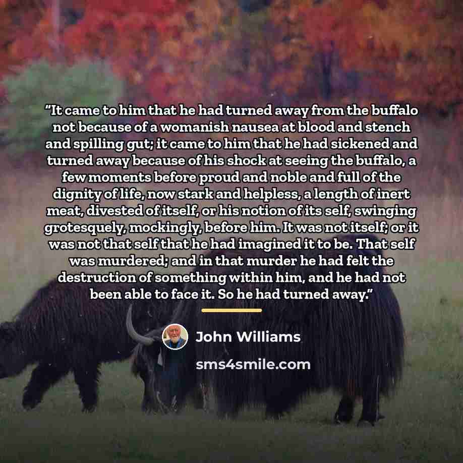 “It came to him that he had turned away from the buffalo not because of a womanish nausea at blood and stench and spilling gut; it came to him that he had sickened and turned away because of his shock at seeing the buffalo, a few moments before proud and noble and full of the dignity of life, now…” quote by John Williams