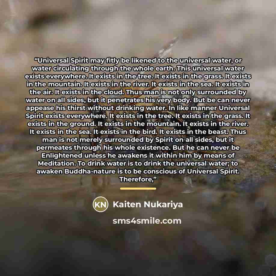 “Universal Spirit may fitly be likened to the universal water, or water circulating through the whole earth. This universal water exists everywhere. It exists in the tree. It exists in the grass. It exists in the mountain. It exists in the river. It exists in the sea. It exists in the air. It…” quote by Kaiten Nukariya