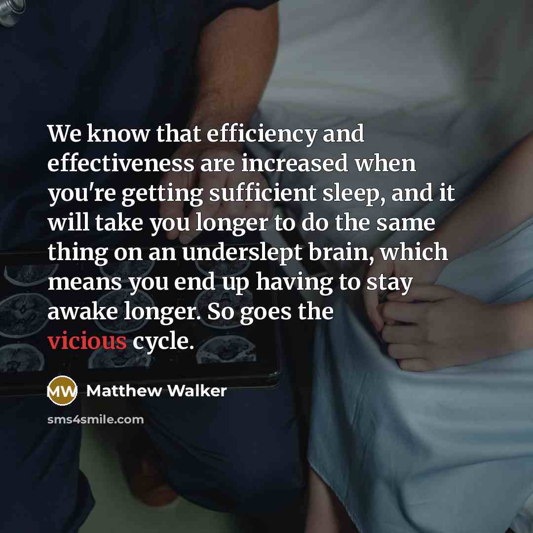“We know that efficiency and effectiveness are increased when you're getting sufficient sleep, and it will take you longer to do the same thing on an underslept brain, which means you end up having to stay awake longer. So goes the vicious cycle.” quote by Matthew Walker