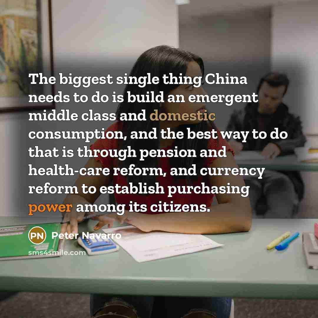 “The biggest single thing China needs to do is build an emergent middle class and domestic consumption, and the best way to do that is through pension and health-care reform, and currency reform to establish purchasing power among its citizens.” quote by Peter Navarro