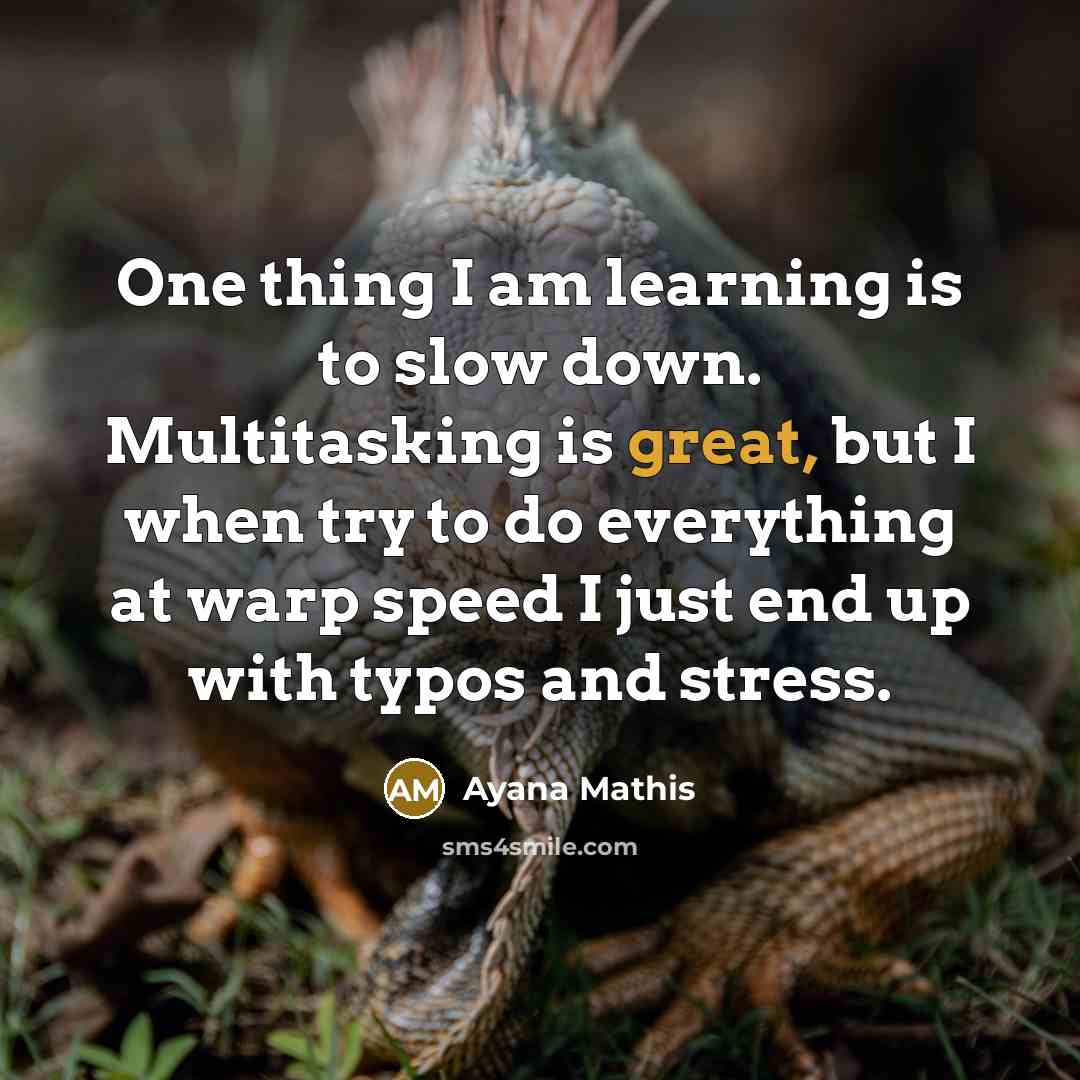 “One thing I am learning is to slow down. Multitasking is great, but I when try to do everything at warp speed I just end up with typos and stress.” quote by Ayana Mathis