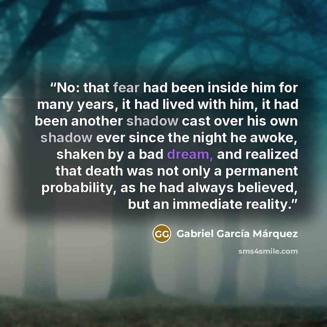 “No: that fear had been inside him for many years, it had lived with him, it had been another shadow cast over his own shadow ever since the night he awoke, shaken by a bad dream, and realized that death was not only a permanent probability, as he had always believed, but an immediate reality.” quote by Gabriel García Márquez
