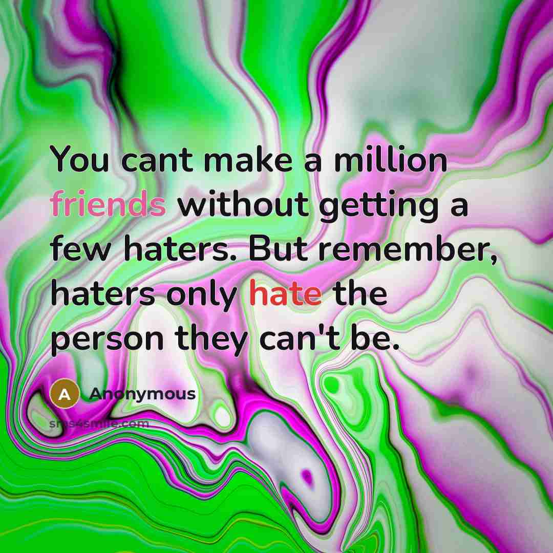 “You cant make a million friends without getting a few haters. But remember, haters only hate the person they can't be.” quote by Anonymous