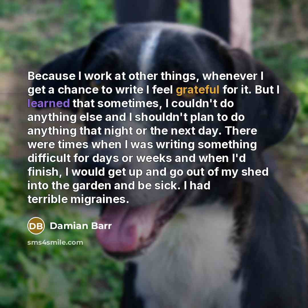 “Because I work at other things, whenever I get a chance to write I feel grateful for it. But I learned that sometimes, I couldn't do anything else and I shouldn't plan to do anything that night or the next day. There were times when I was writing something difficult for days or weeks and when I'd…” quote by Damian Barr