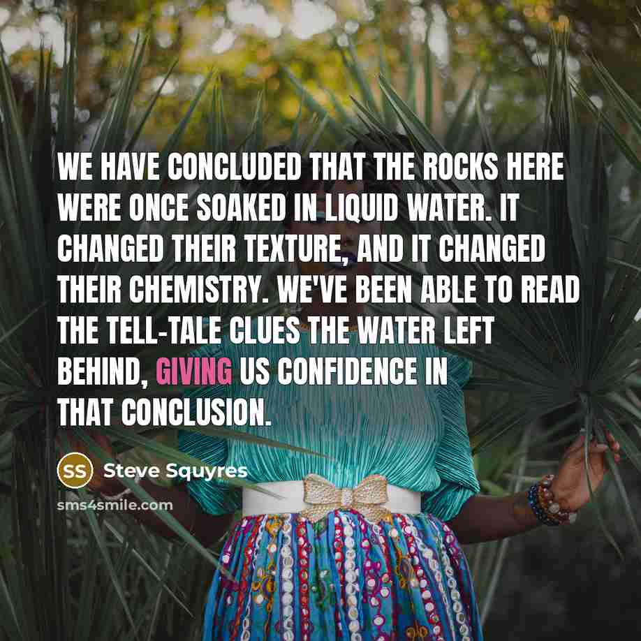 “We have concluded that the rocks here were once soaked in liquid water. It changed their texture, and it changed their chemistry. We've been able to read the tell-tale clues the water left behind, giving us confidence in that conclusion.” quote by Steve Squyres