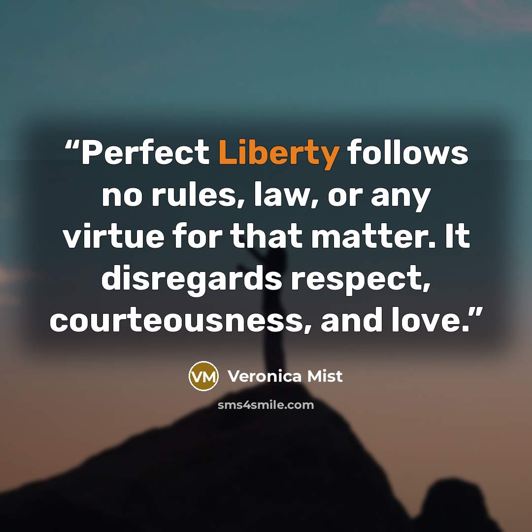 “Perfect Liberty follows no rules, law, or any virtue for that matter. It disregards respect, courteousness, and love.” quote by Veronica Mist