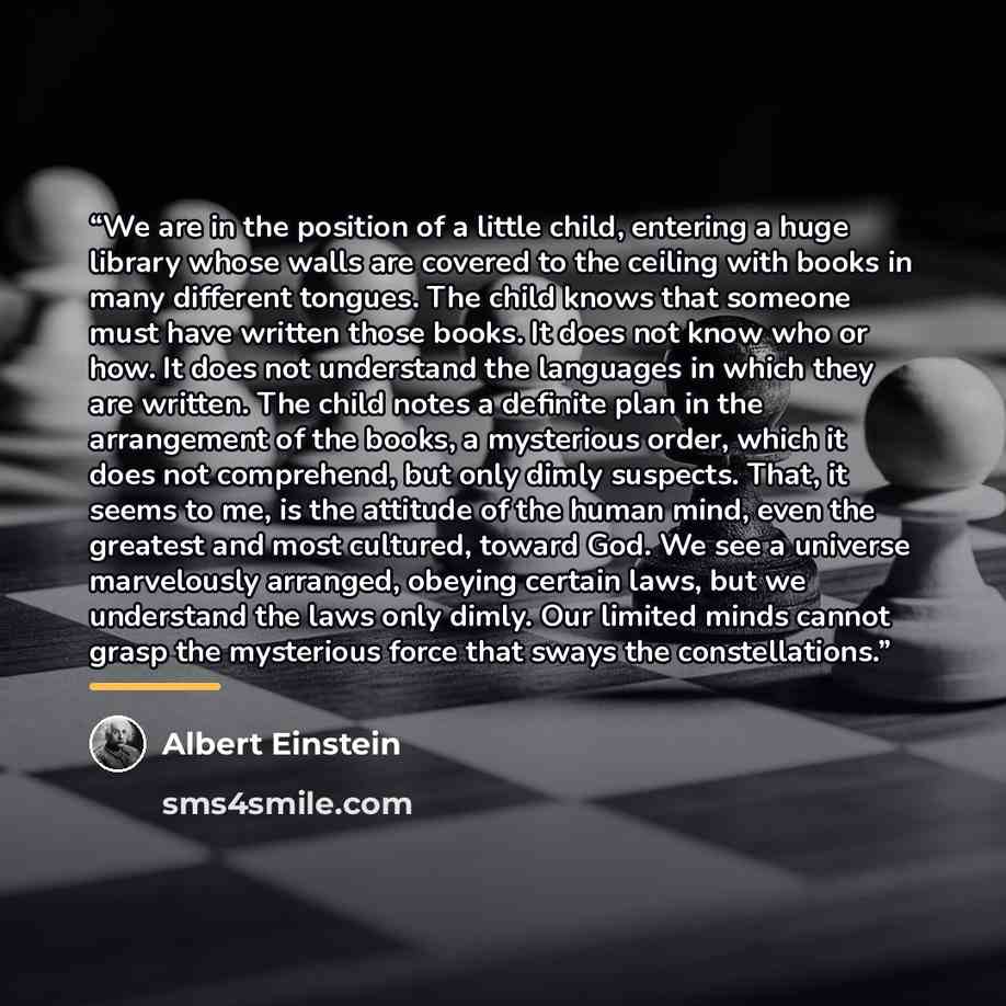 “We are in the position of a little child, entering a huge library whose walls are covered to the ceiling with books in many different tongues. The child knows that someone must have written those books. It does not know who or how. It does not understand the languages in which they are written…” quote by Albert Einstein