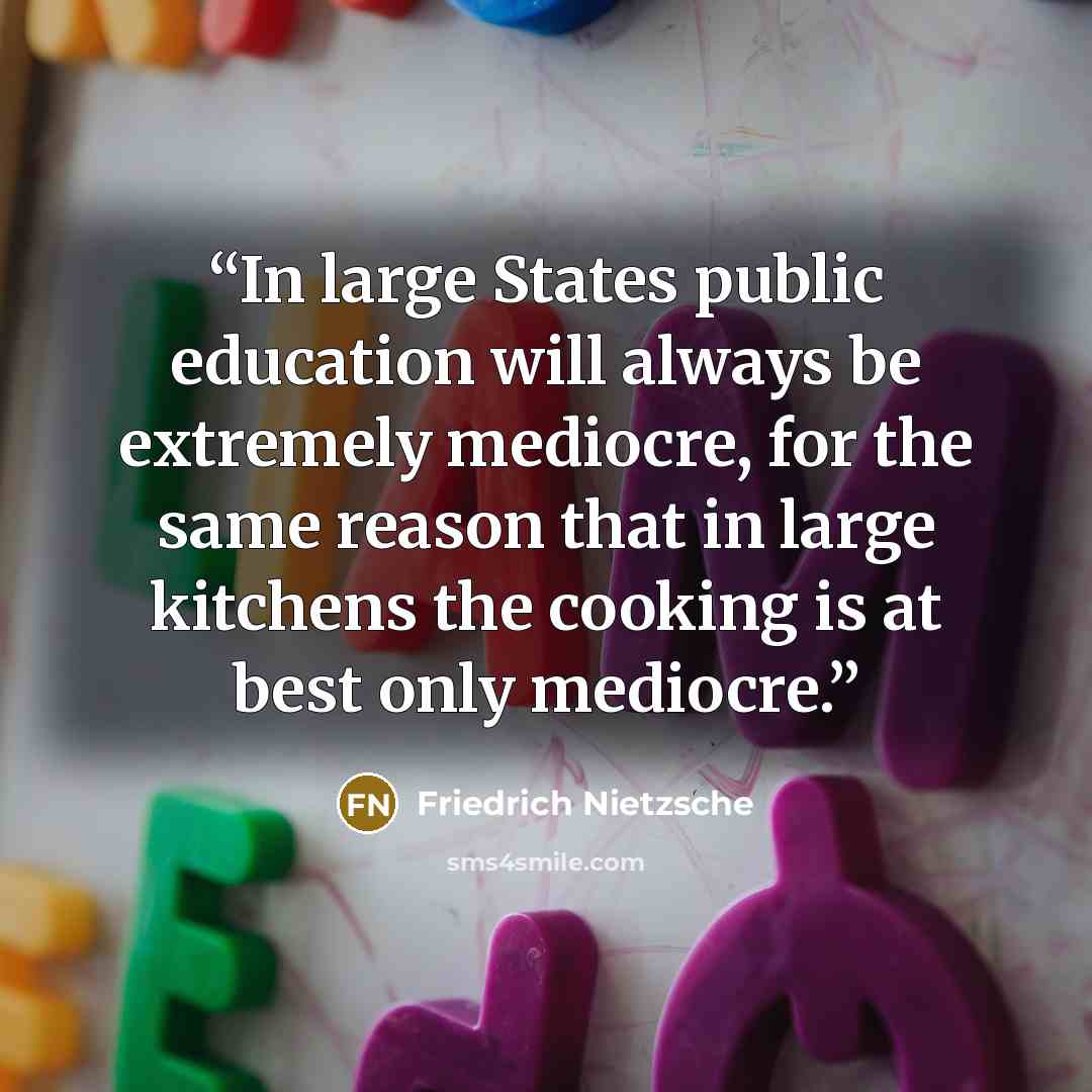 “In large States public education will always be extremely mediocre, for the same reason that in large kitchens the cooking is at best only mediocre.” quote by Friedrich Nietzsche