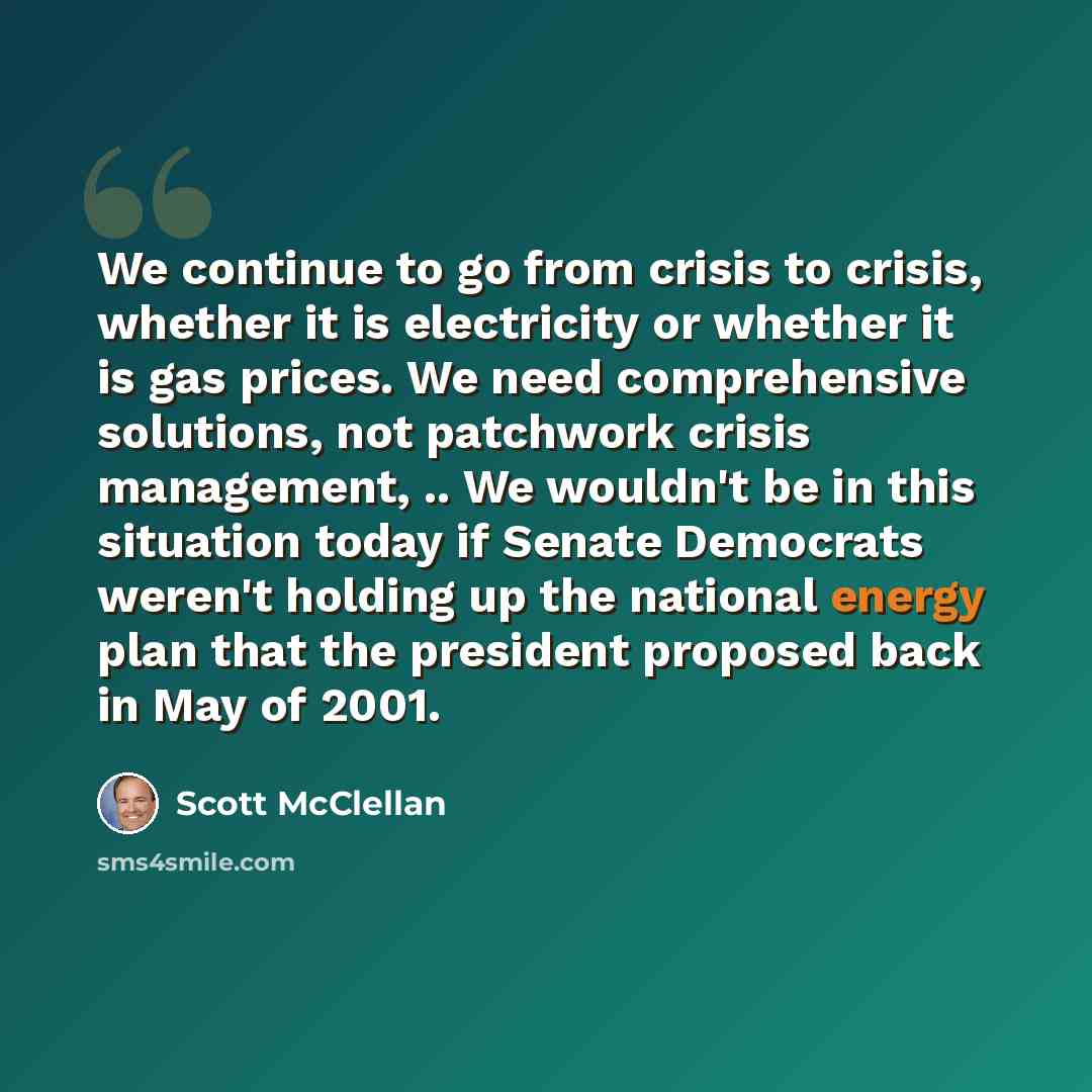 “We continue to go from crisis to crisis, whether it is electricity or whether it is gas prices. We need comprehensive solutions, not patchwork crisis management, .. We wouldn't be in this situation today if Senate Democrats weren't holding up the national energy plan that the president proposed…” quote by Scott McClellan