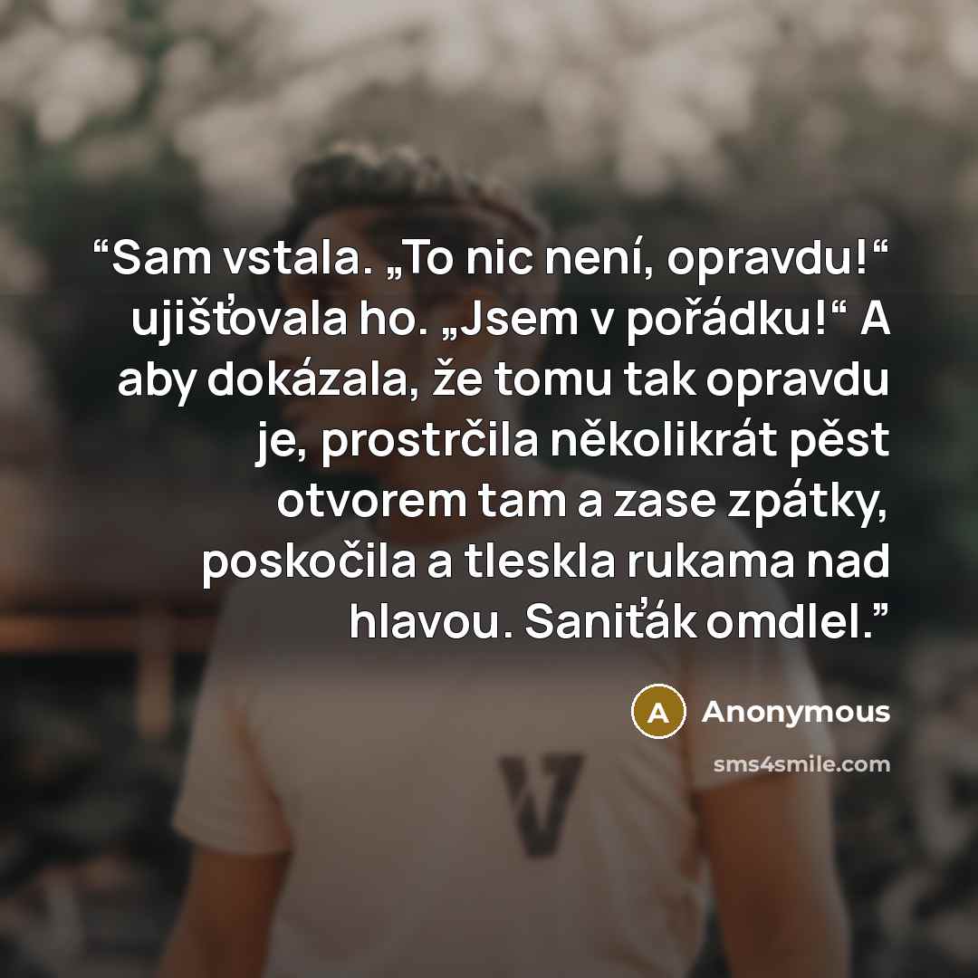 “Sam vstala. „To nic není, opravdu!“ ujišťovala ho. „Jsem v pořádku!“ A aby dokázala, že tomu tak opravdu je, prostrčila několikrát pěst otvorem tam a zase zpátky, poskočila a tleskla rukama nad hlavou. Saniťák omdlel.” quote by Anonymous