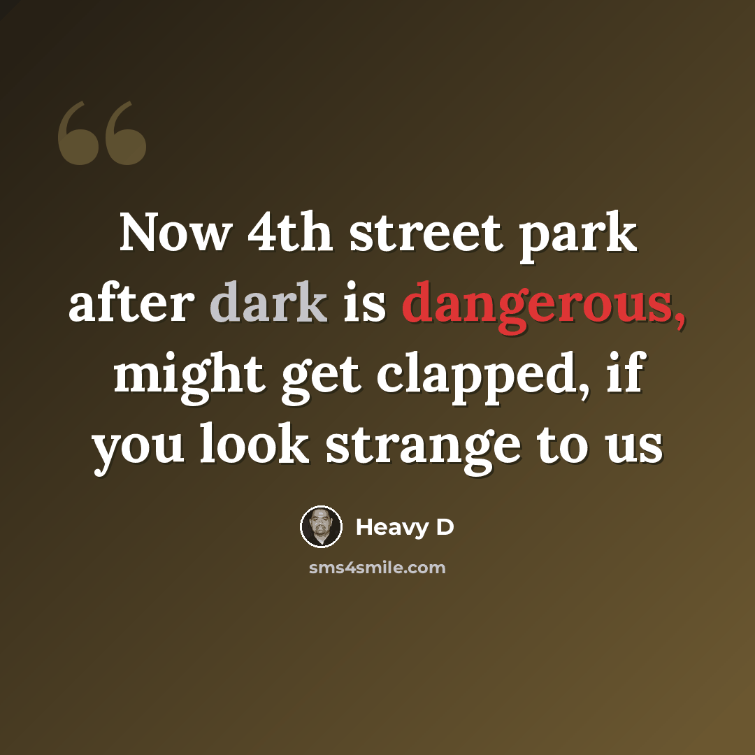 “Now 4th street park after dark is dangerous, might get clapped, if you look strange to us” quote by Heavy D