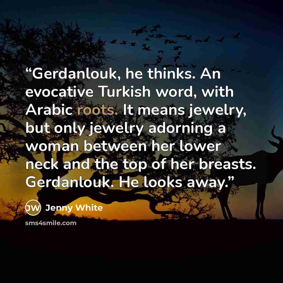 “Gerdanlouk, he thinks. An evocative Turkish word, with Arabic roots. It means jewelry, but only jewelry adorning a woman between her lower neck and the top of her breasts. Gerdanlouk. He looks away.” quote by Jenny White