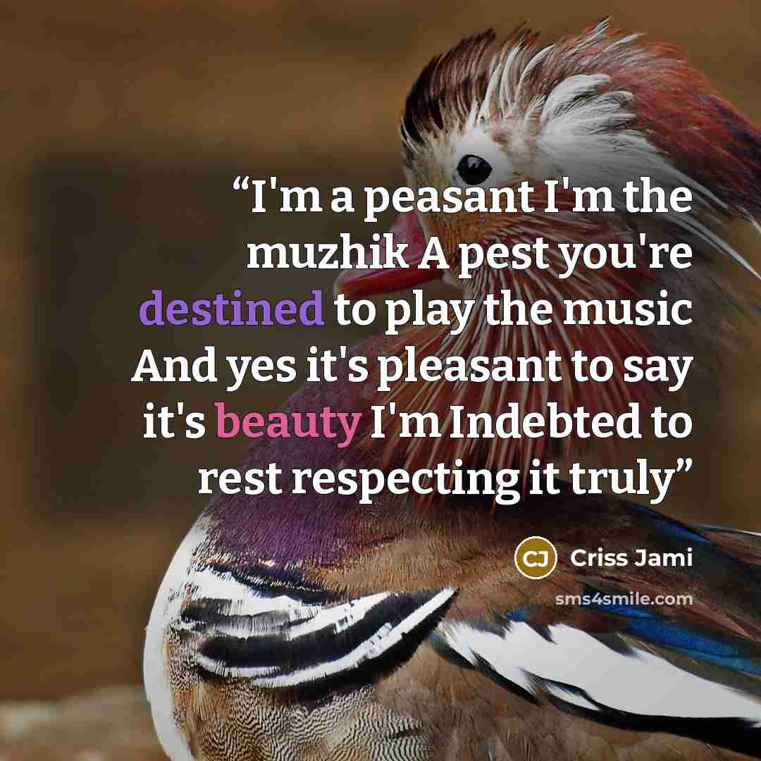 “I'm a peasant I'm the muzhik A pest you're destined to play the music And yes it's pleasant to say it's beauty I'm Indebted to rest respecting it truly” quote by Criss Jami