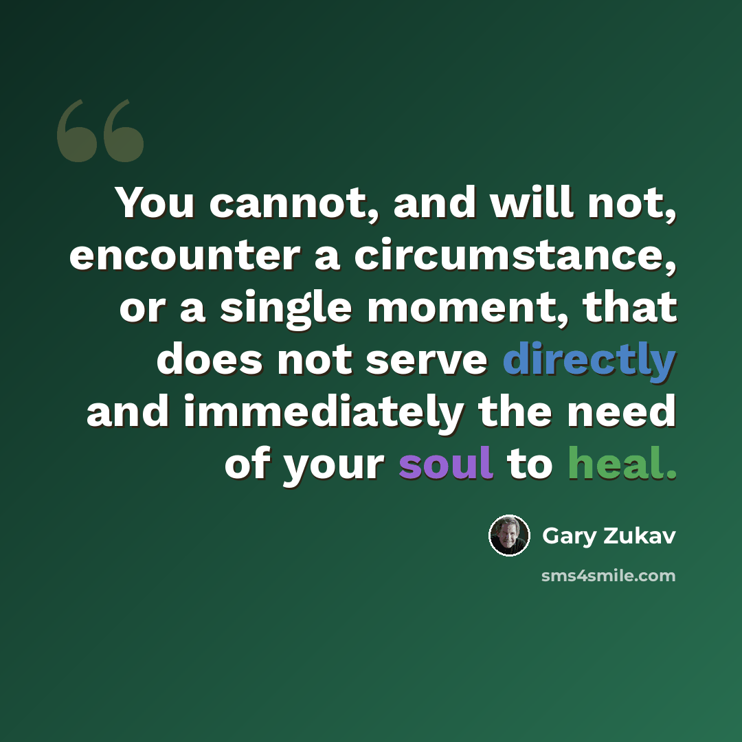 “You cannot, and will not, encounter a circumstance, or a single moment, that does not serve directly and immediately the need of your soul to heal.” quote by Gary Zukav