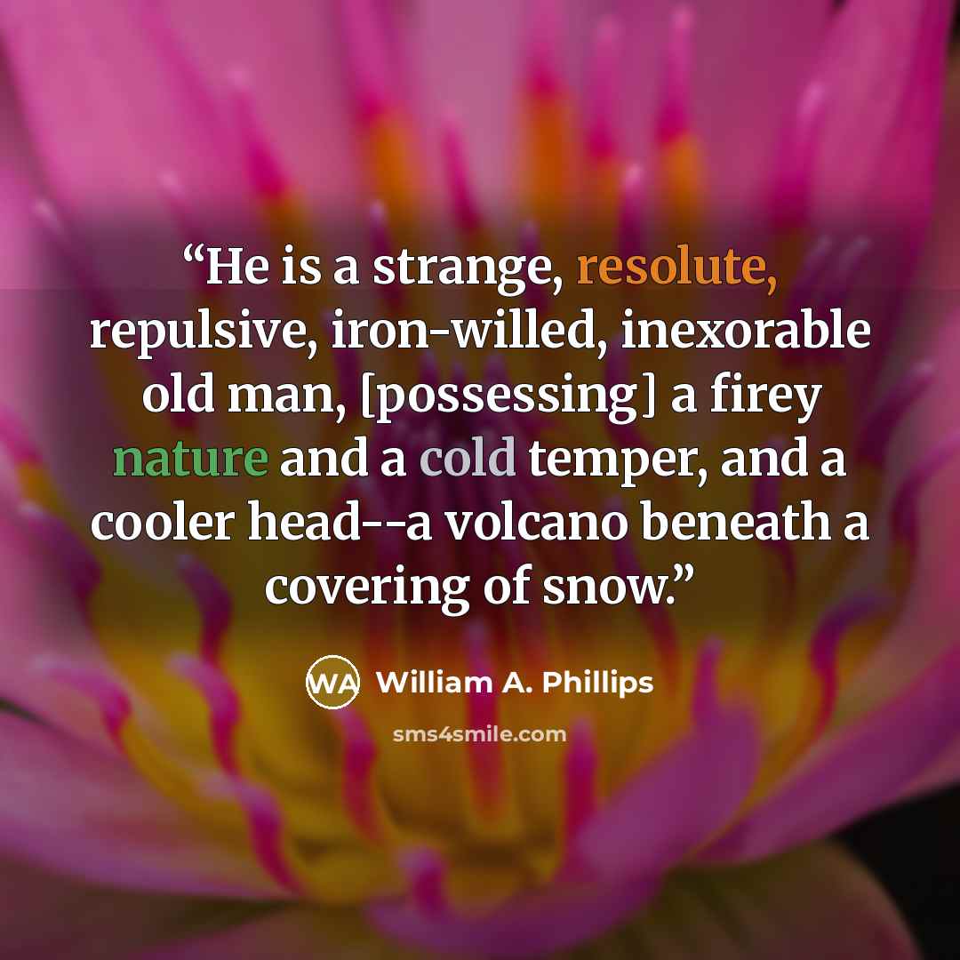 “He is a strange, resolute, repulsive, iron-willed, inexorable old man, [possessing] a firey nature and a cold temper, and a cooler head--a volcano beneath a covering of snow.” quote by William A. Phillips