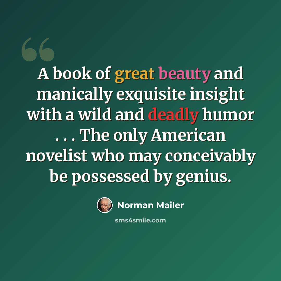 “A book of great beauty and manically exquisite insight with a wild and deadly humor . . . The only American novelist who may conceivably be possessed by genius.” quote by Norman Mailer